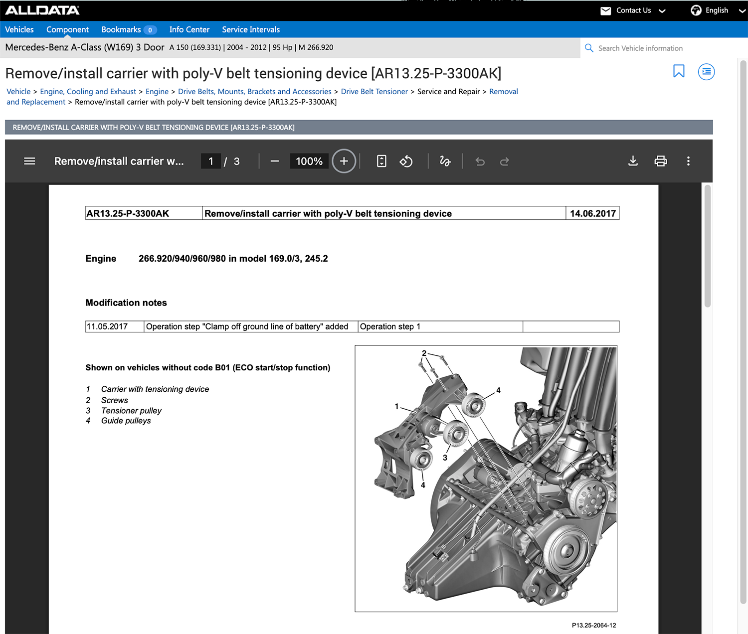screen shot of ALLDATA Repair instructions mercedes A Class