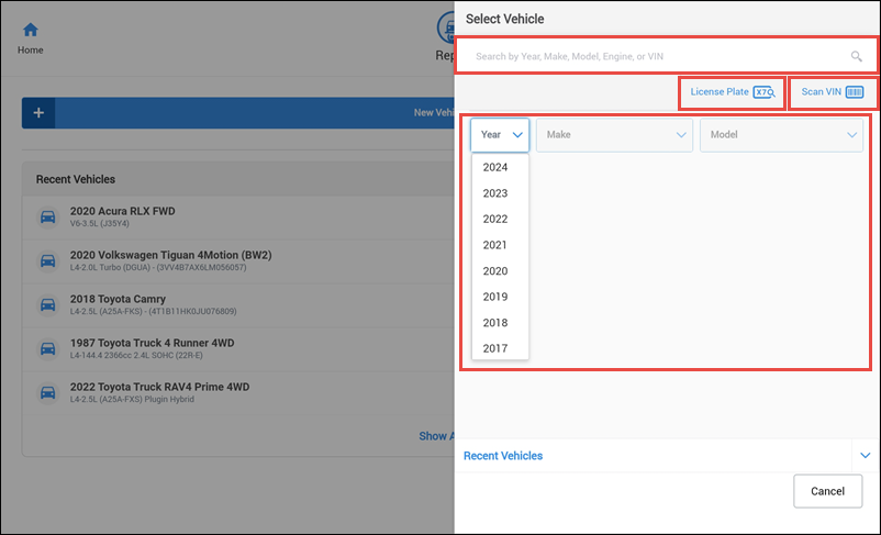 options to select vehicle