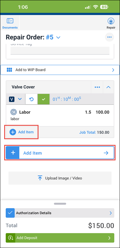 add item buttons