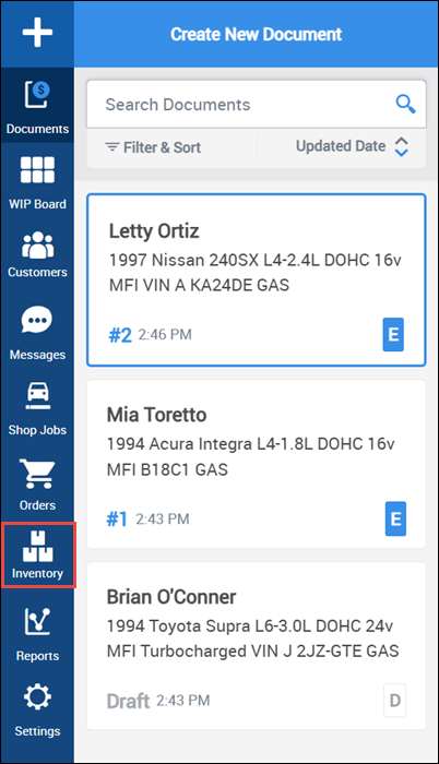 inventory in left nav