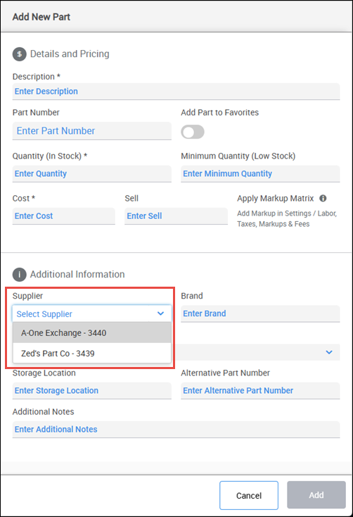 select supplier when adding parts