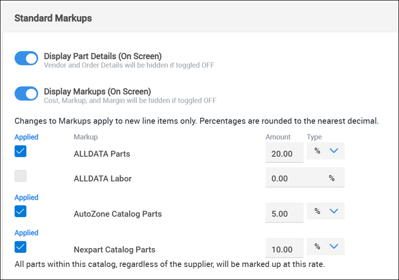 standard markups section