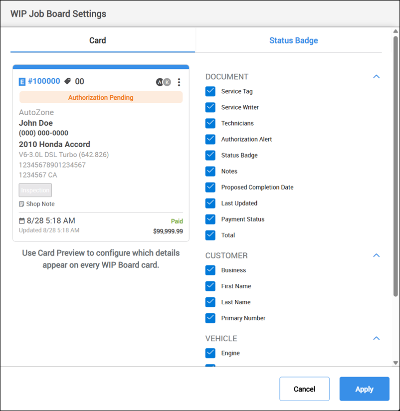 WIP Card Settings