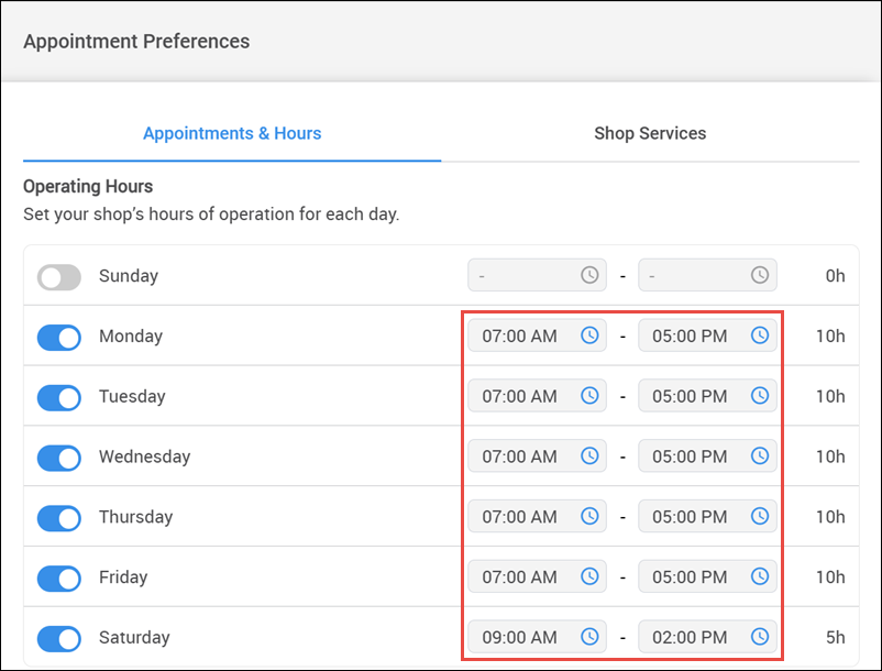 update operating hours
